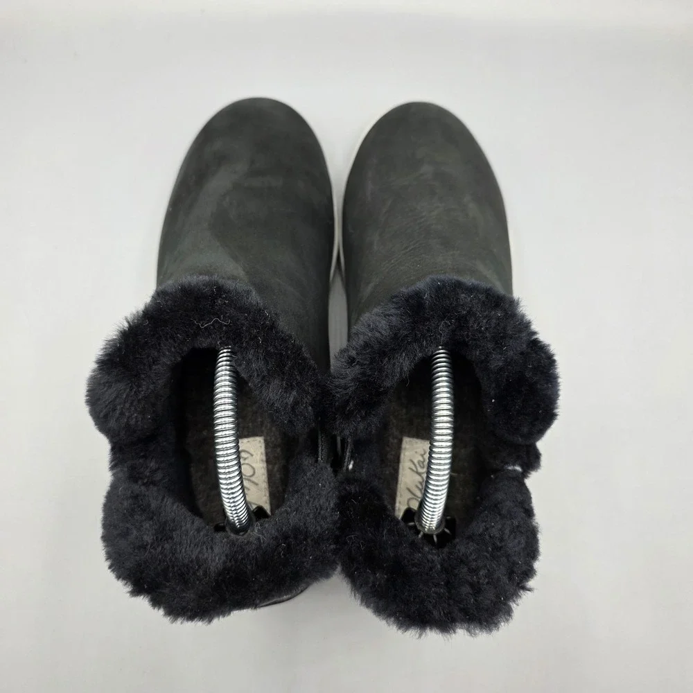 Olukai Malua Hulu Booties Womens 6.5 Black Leather Sheepskin Lined Warm Winter‎